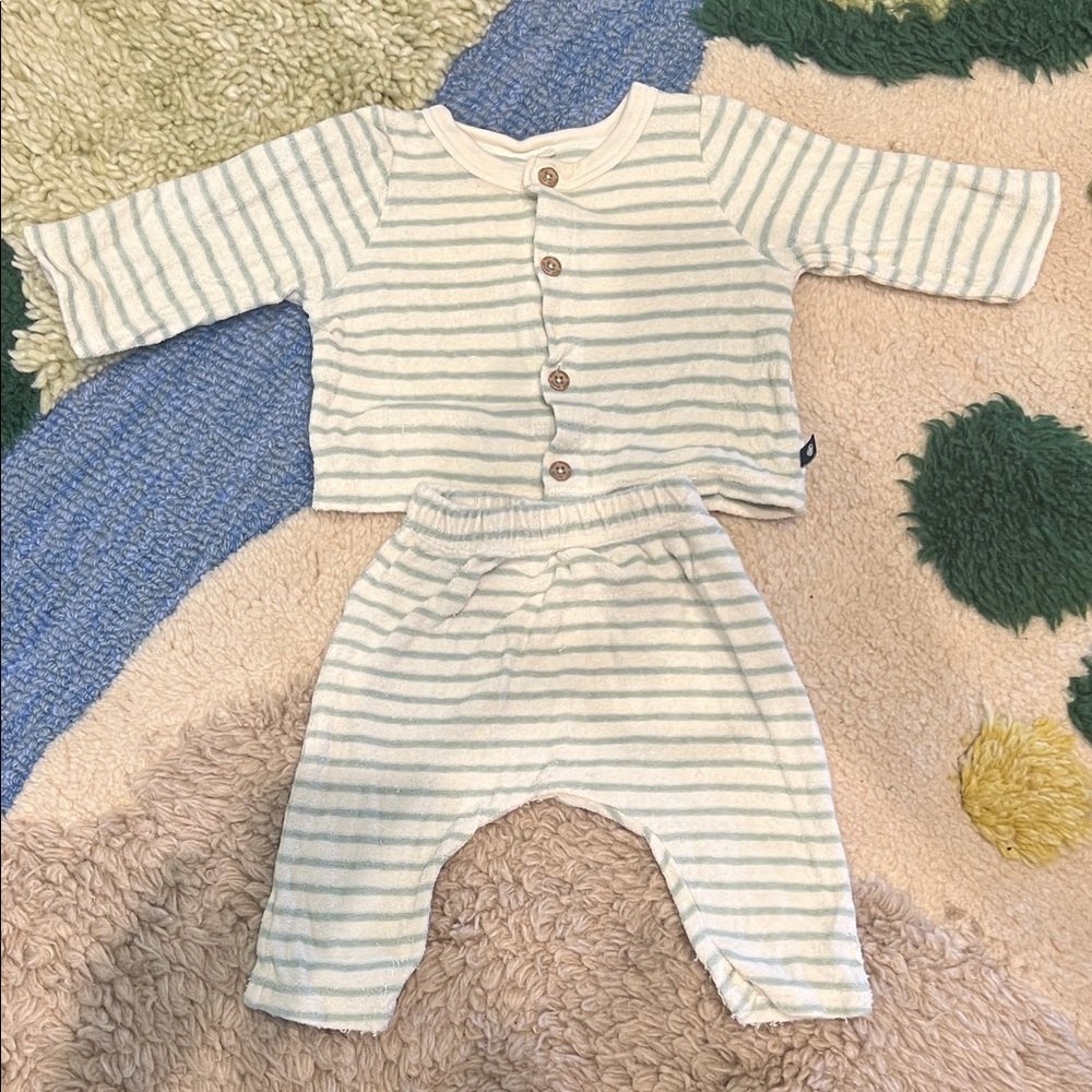 Petit Bateau Cream and Green Striped Kids Matching Set
